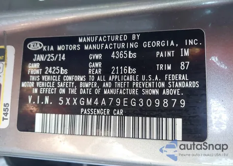 2014 Kia Optima Lx z USA, uszkodzony, nr VIN 5XXGM4A79EG309879